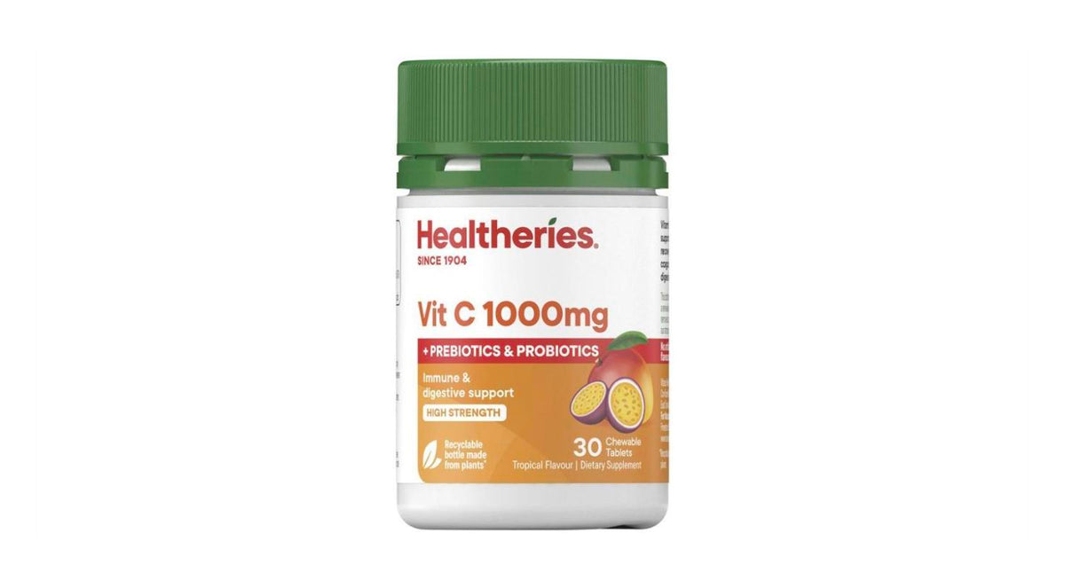 Healtheries Vit C 1,000mg + Prebiotics & Probiotics 維他命C 30顆咀嚼錠｜#維他命C益生菌雙效 #抗氧化日常保養 #腸胃好人不老
